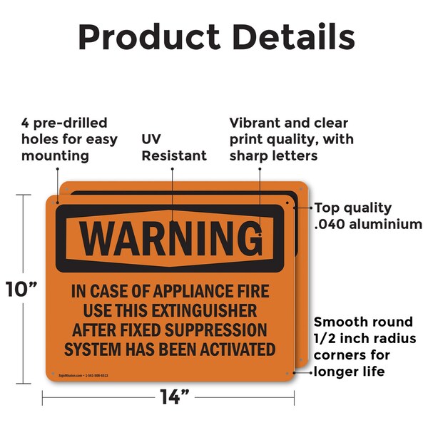 In Case Of Appliance Fire Use This OSHA Warning Sign, Aluminum, 14in W X 10in L, 2PK